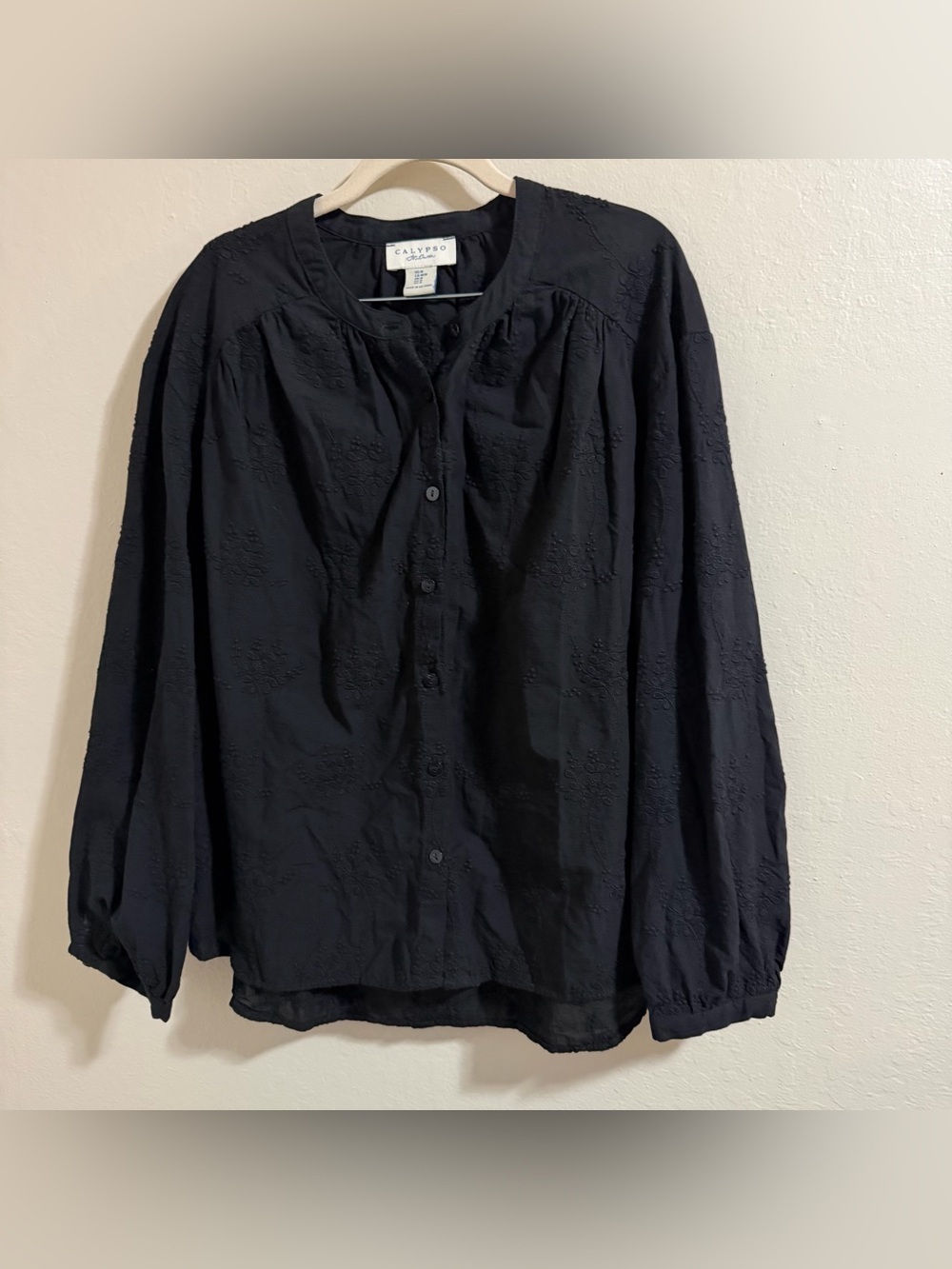 Calypso St.‎ Barth Black Floral Embroidered Puff Sleeve Cotton Blouse Size M - Picture 2 of 8